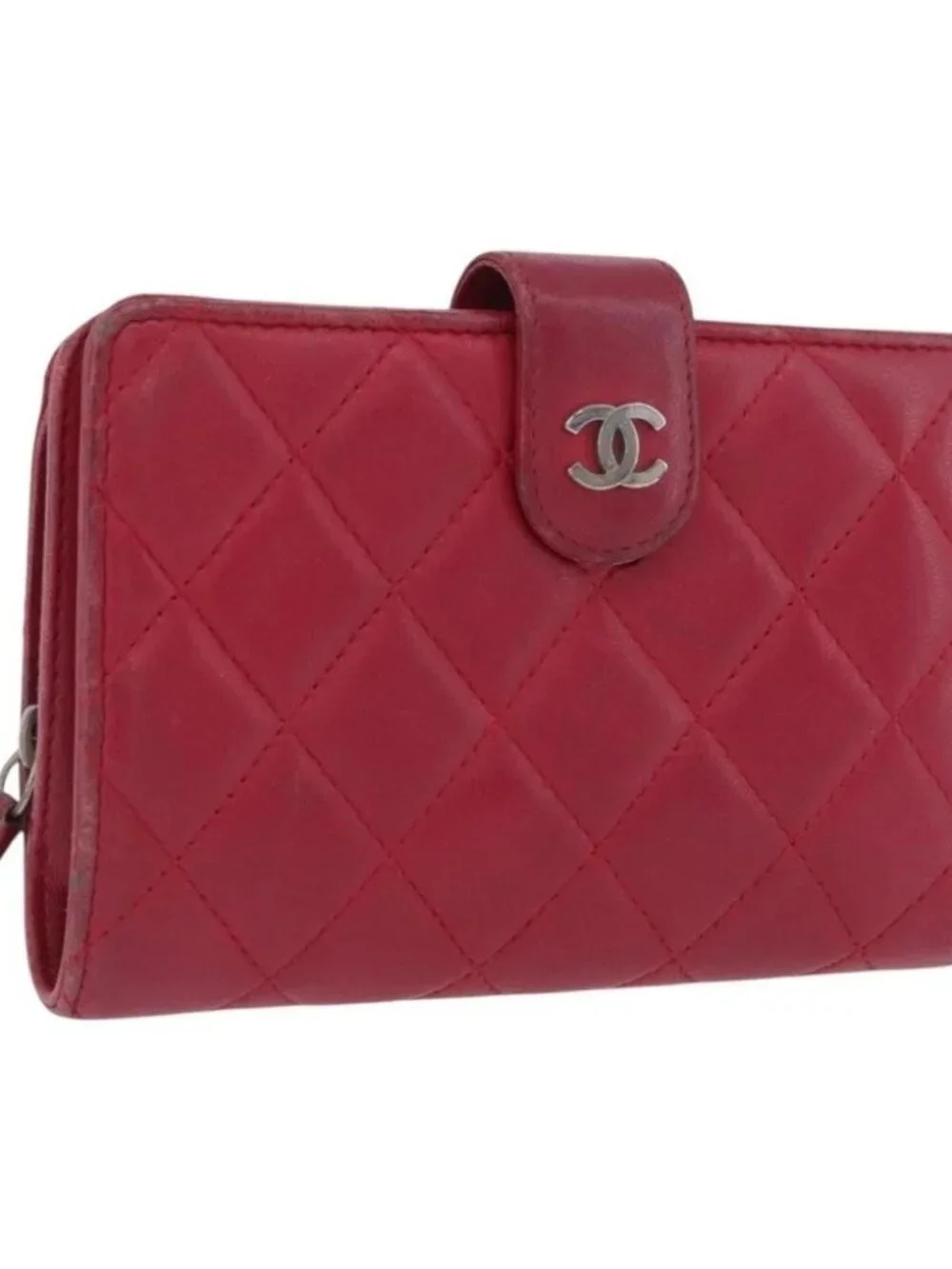 CHANEL Matelasse Bifold Wallet Lamb Skin Red Silver CC Auth YKZ104